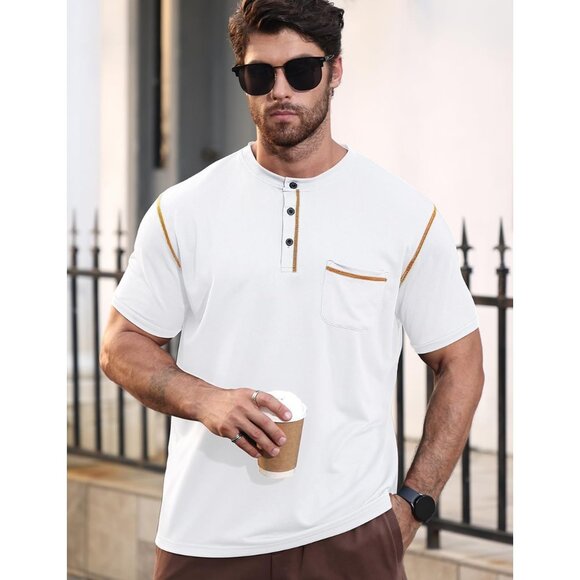 Mens White Short Sleeve Henley T Shirt Casual Slim Fit Muscle Tee Top - Picture 5 of 6
